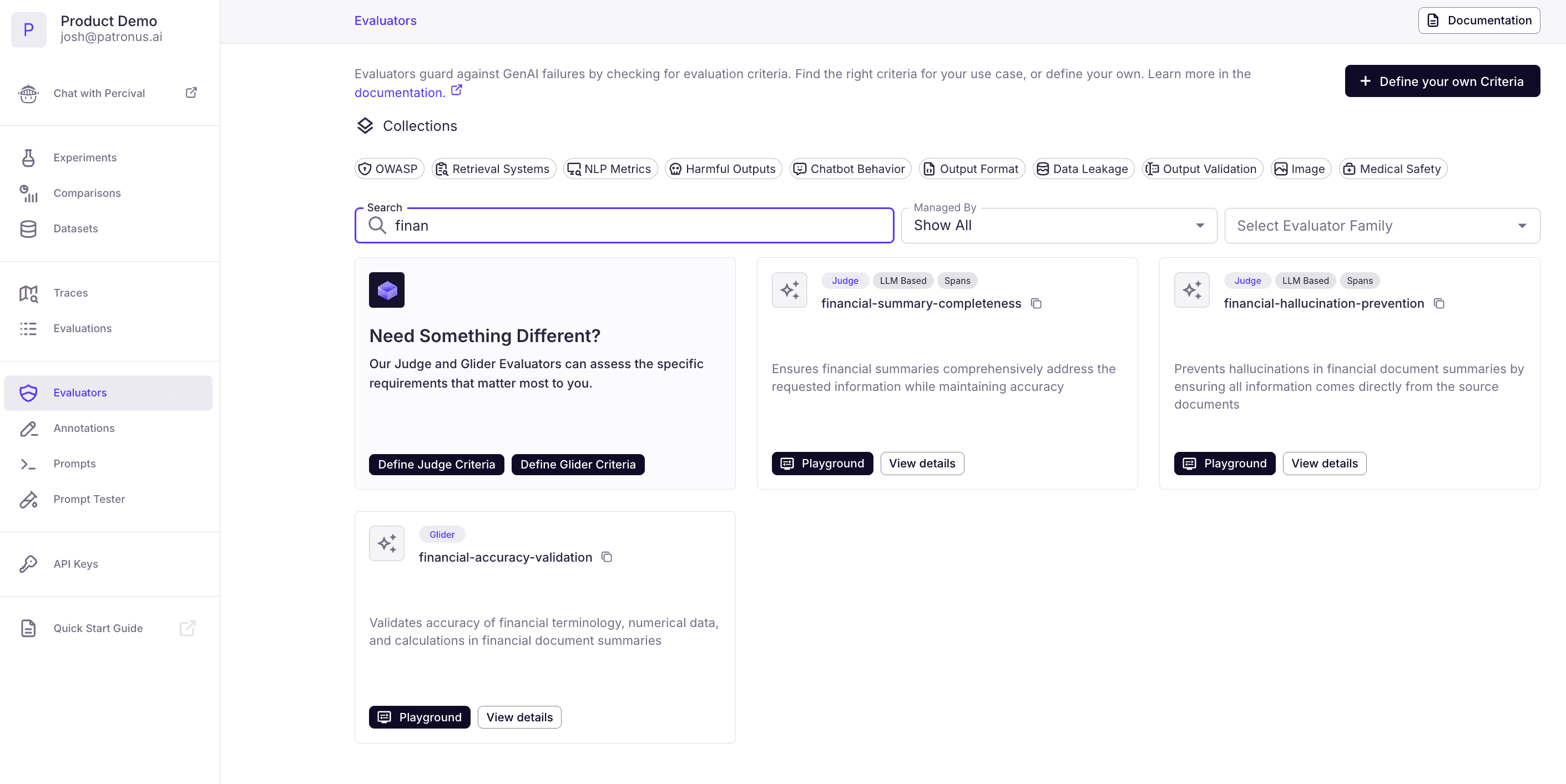 Screenshot of Evals List in Evaluators